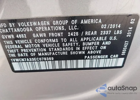 2014 Volkswagen Passat 2.0L Tdi Sel Premium z USA, uszkodzony, nr VIN 1VWCN7A33EC078369